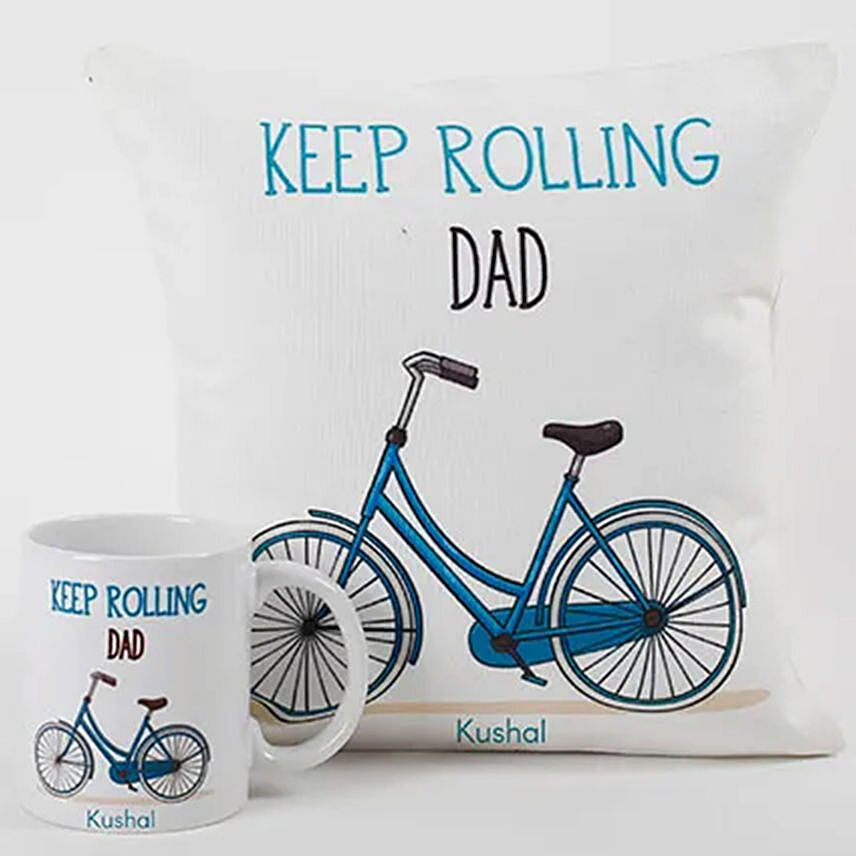 Keep Rolling Personalised Cushion & Mug For Dad
