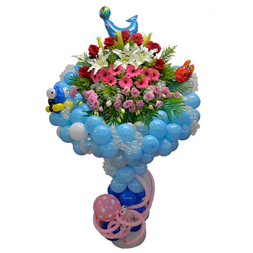 Blue Bouquet Stand Of Flower N Balloons