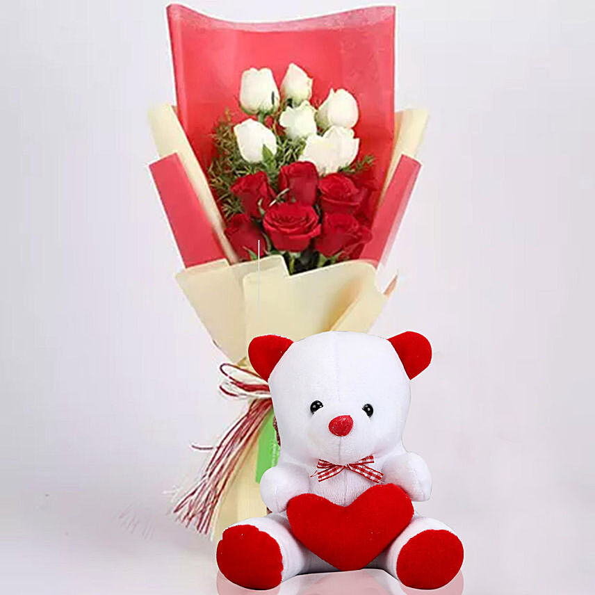 Red and White Roses Bouquet with Teddy Bear