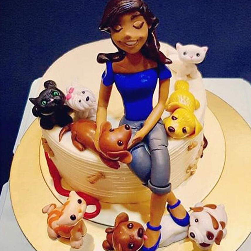 Girl & Adorable Pets Chocolate Cake