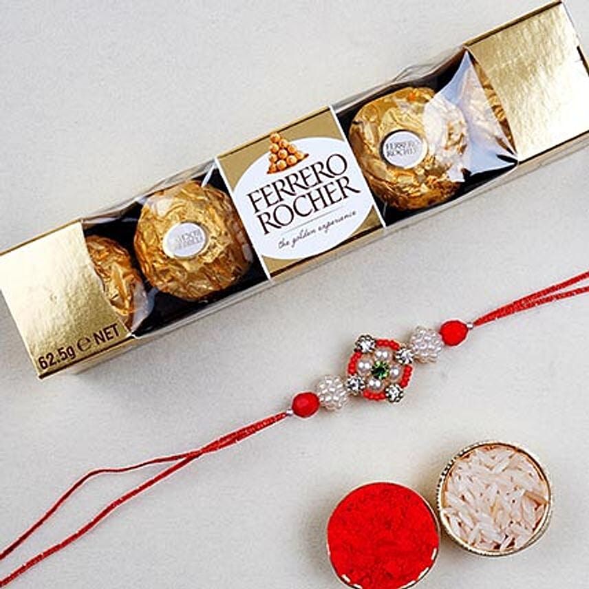 Appealing Floral Rakhi And 5 Pcs Ferrero Rocher