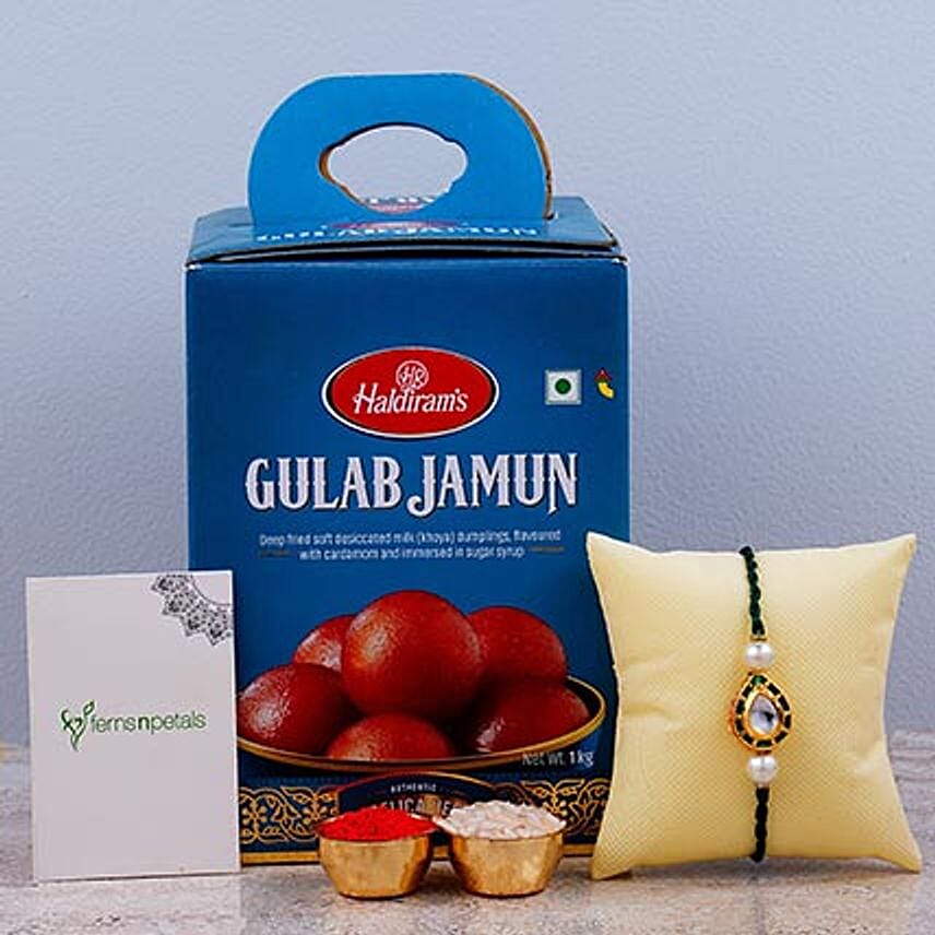 Divine Golden Pearl Thread Rakhis And Gulab Jamun Tin