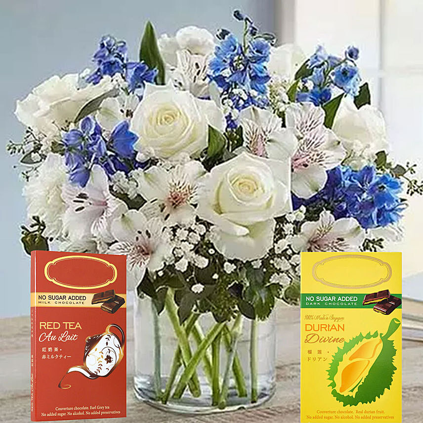 White Flower Arrangement & Chocolates