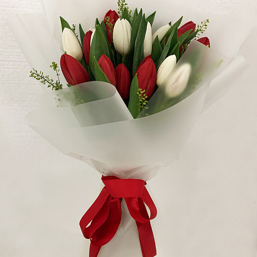 Graceful Red and White Tulips Posy