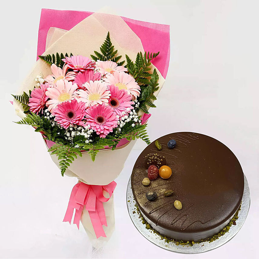 Chocolate Cake and Pink Gerbera Bouquet