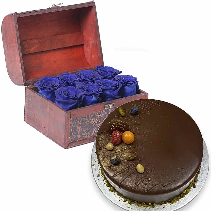 Chocolate Cake & 8 Blue Forever Roses in Treasure Box