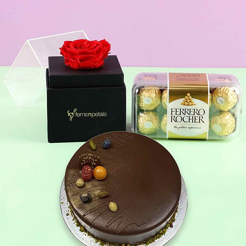 Red Forever Rose With Ferrero Rocher & Chocolate Cake Delivery in ...