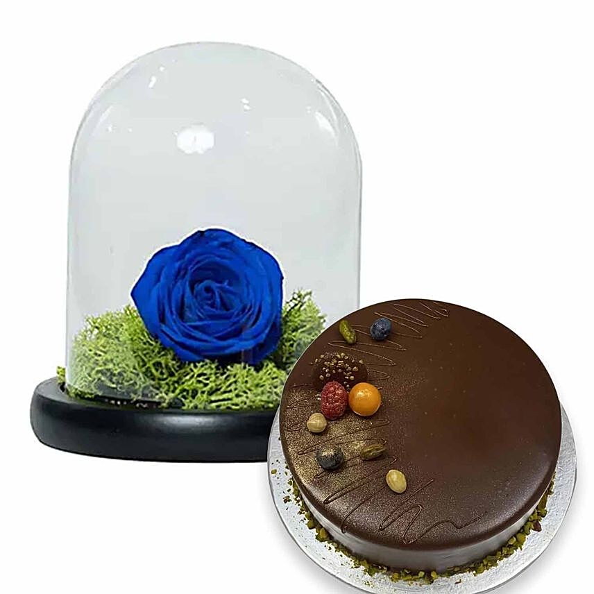 Elegant Blue Rose & Chocolate Cake