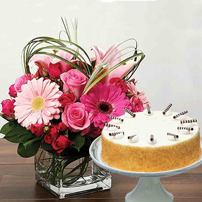 Sweet Flowers Vase & Red Velvet Cake Delivery in Singapore - FNP SG