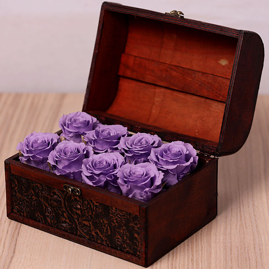 Purple Forever Roses In Wooden Box