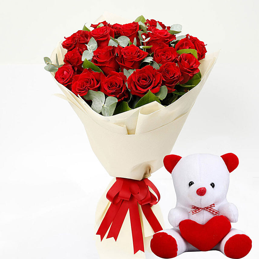 Beautiful 30 Red Roses Bouquet with 6 Inches Teddy Bear Delivery in ...