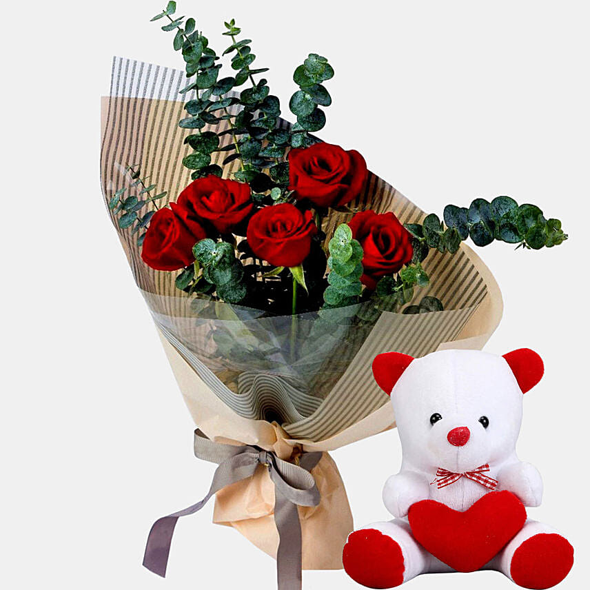 Red 5 Roses Love Bouquet With 6 inches Teddy Bear