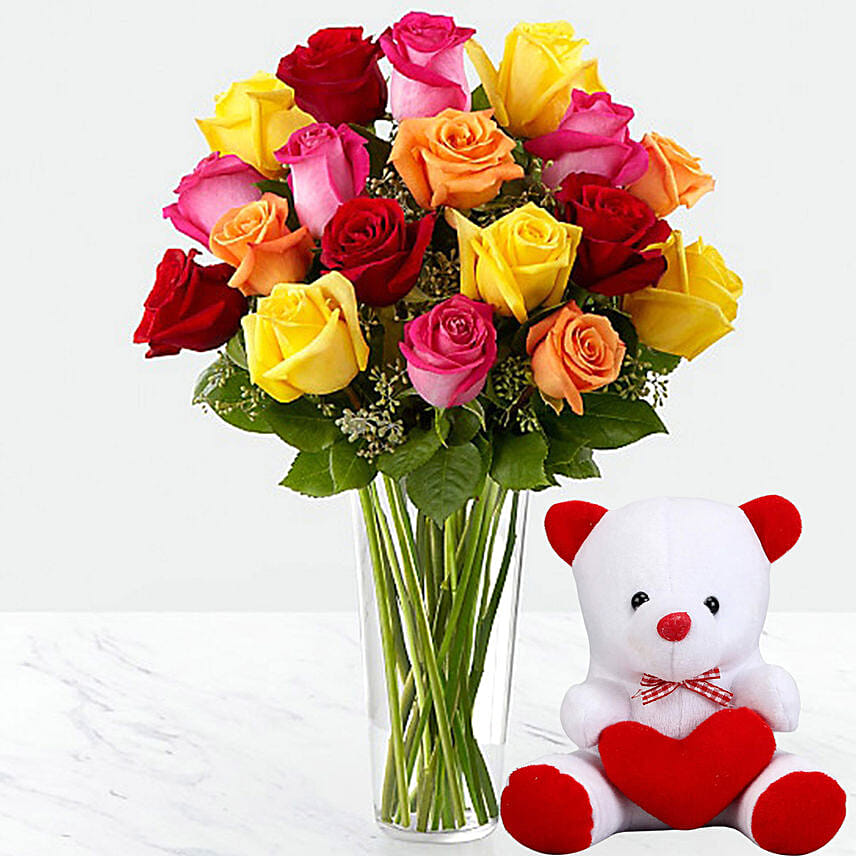 Vase Of 24 Vivid Roses with 6 Inches Teddy Bear