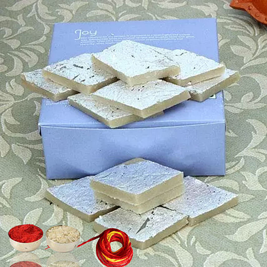 Box Of Kaju Barfi 500gm With Moli & Roli Chawal For Bhaidooj