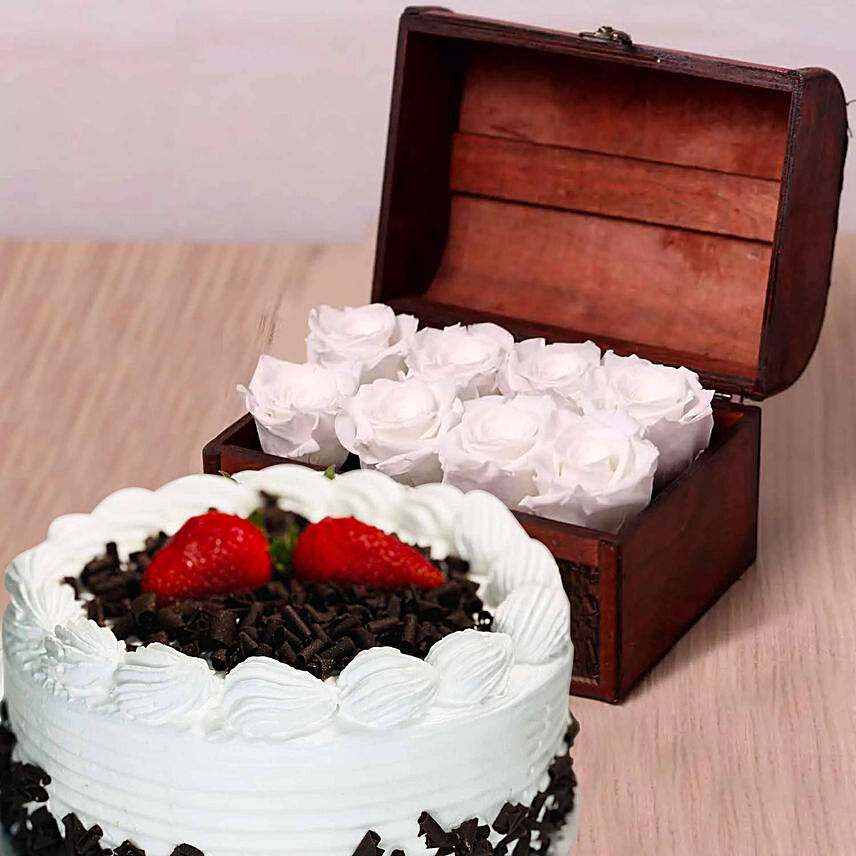 8 White Forever Roses in Treasure Box & Black Forest Cake