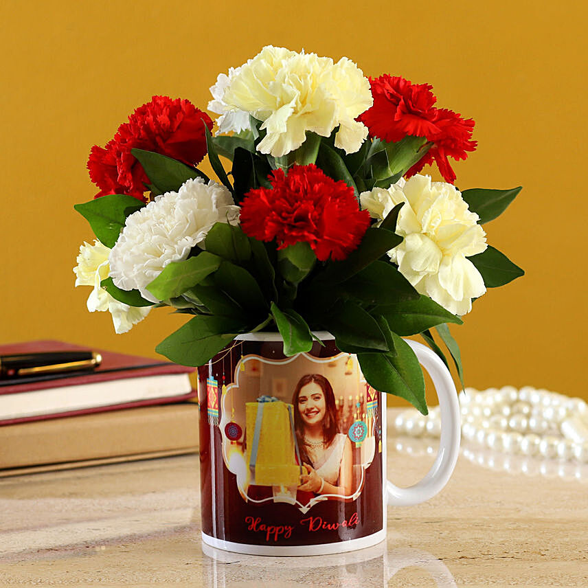 Beautiful Mixed Carnations In White Mug