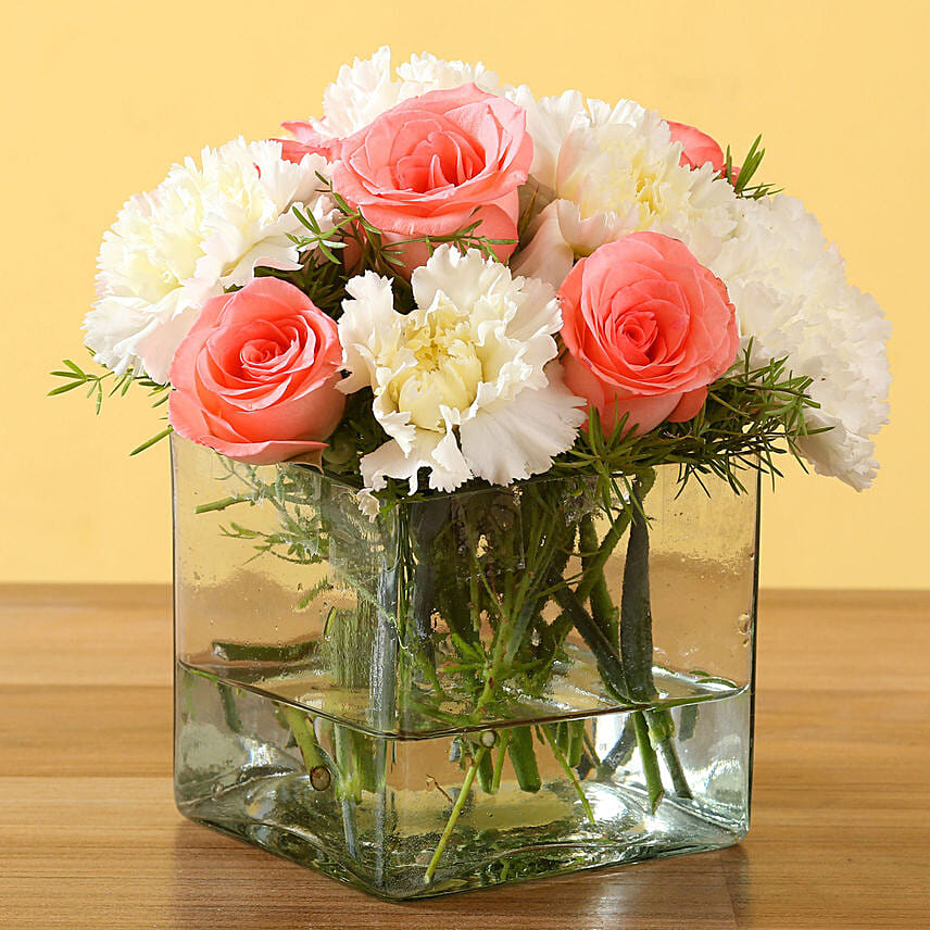 beautiful Pink Roses & White Carnations Vase