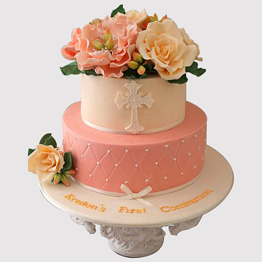 2 Layered Floral Christening Vanilla Cake