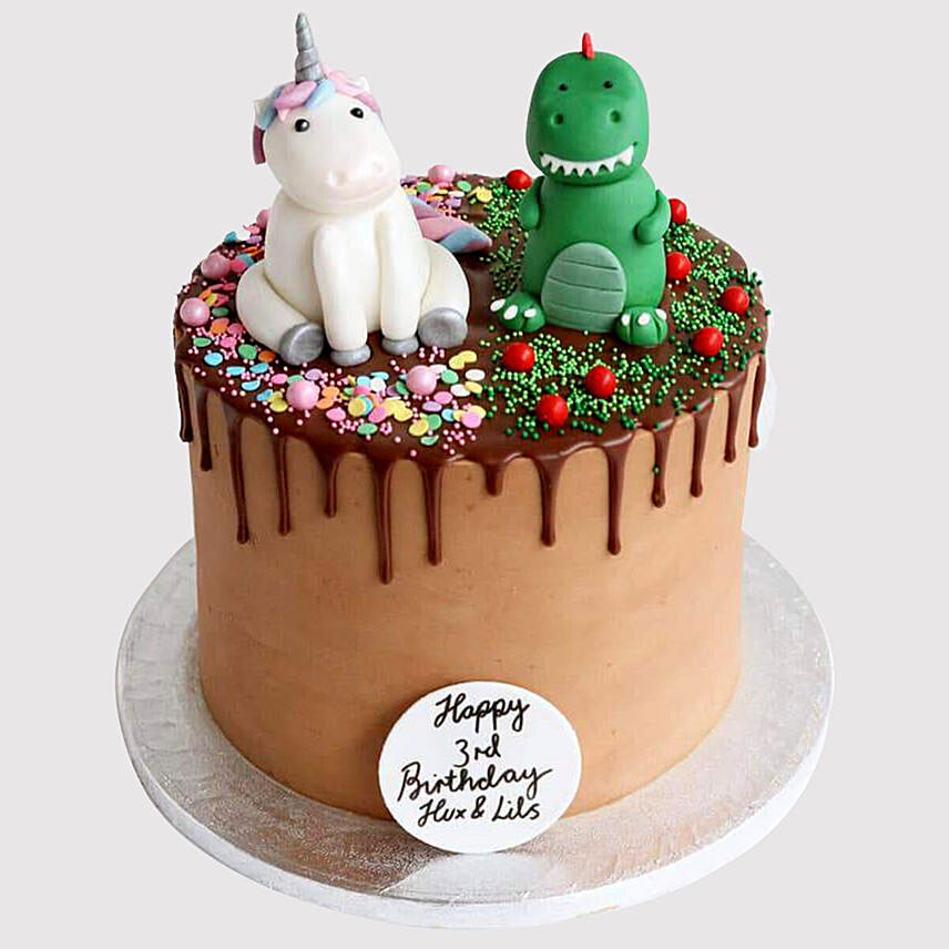 Dinosaur and Unicorn Black Forest Cake