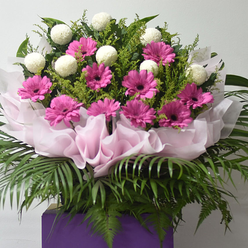 Gerberas N White Ball Mums Flower Stand Delivery in Singapore - FNP SG