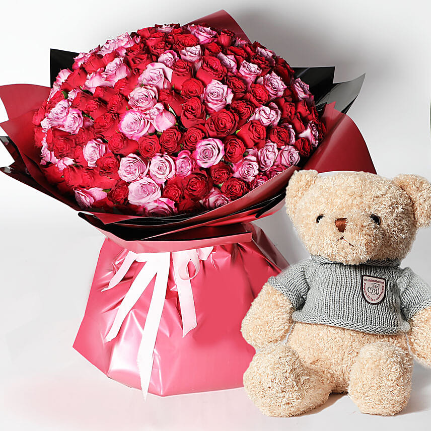 Teddy and 200 Roses Special Bouquet Delivery in Singapore - FNP SG