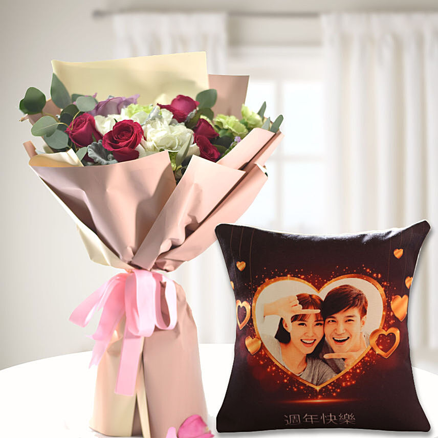 Calm & Composed Flower Love Bouquet with Personalised Cushion