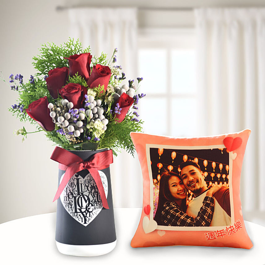 Mixed Flowers In Love You Vase with Personalised Cushion