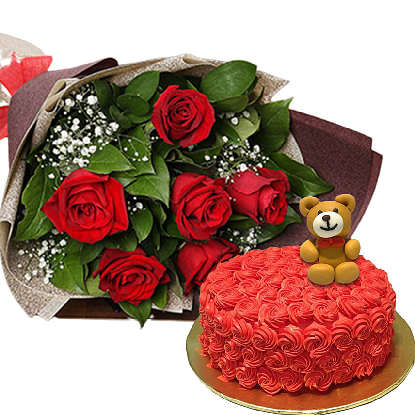 6 Red Roses Boquet with Teddy Cake Delivery in Singapore - FNP SG