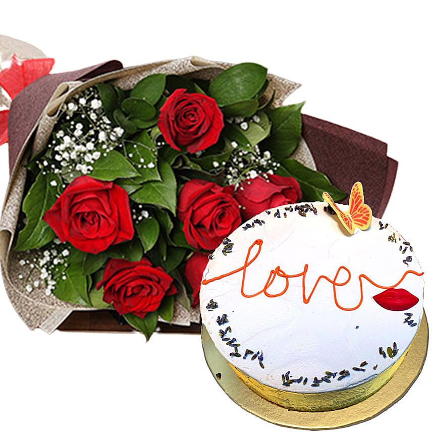 6 Red Roses Bouquet with Lavender Cake Delivery in Singapore - FNP SG
