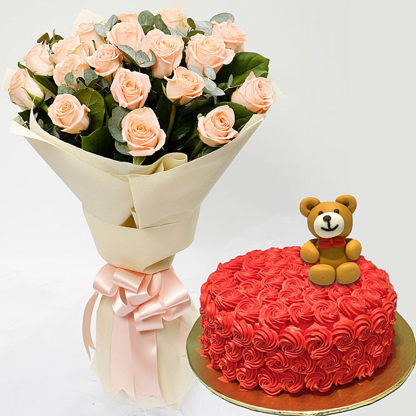 20 Peach Roses Bouquet with Teddy Cake Delivery in Singapore - FNP SG