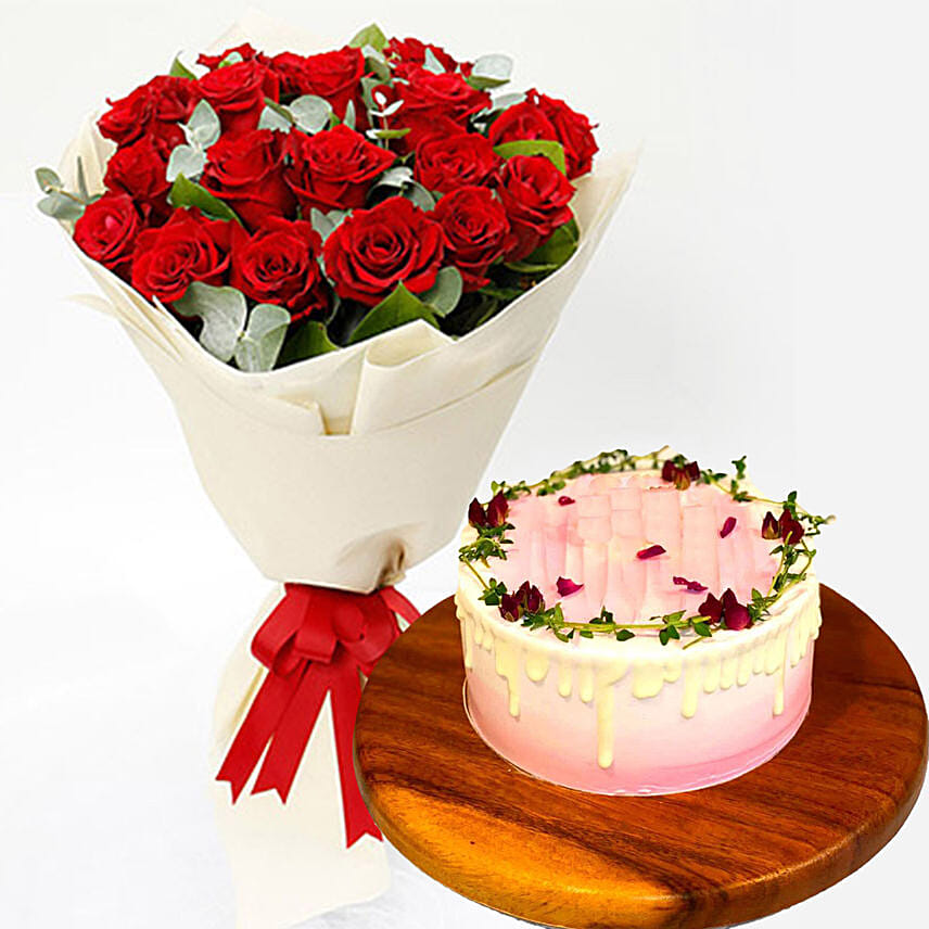 20 Red Roses Bouquet with Lychee Cake Delivery in Singapore - FNP SG