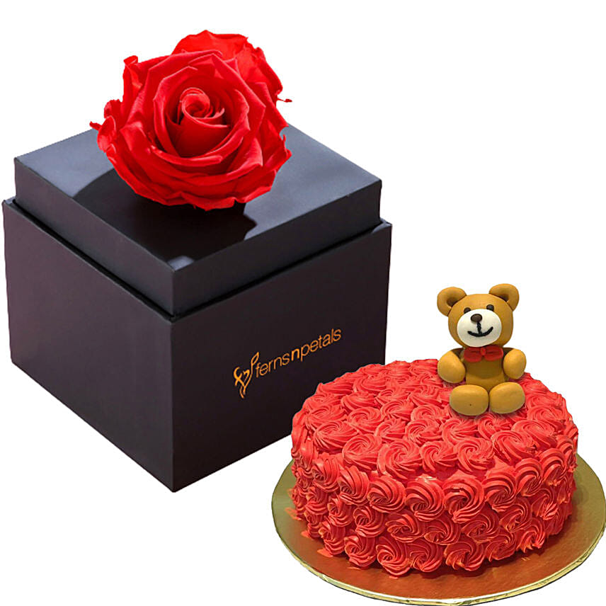 Forever Rose with Teddy Cake Delivery in Singapore - FNP SG