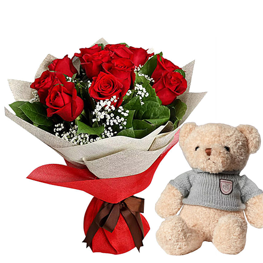 Bunch Of Ravishing Red Roses with Brown Teddy