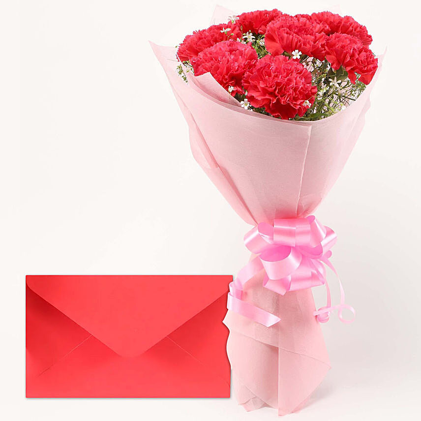 Pink Carnations Bouquet With Greeting Card