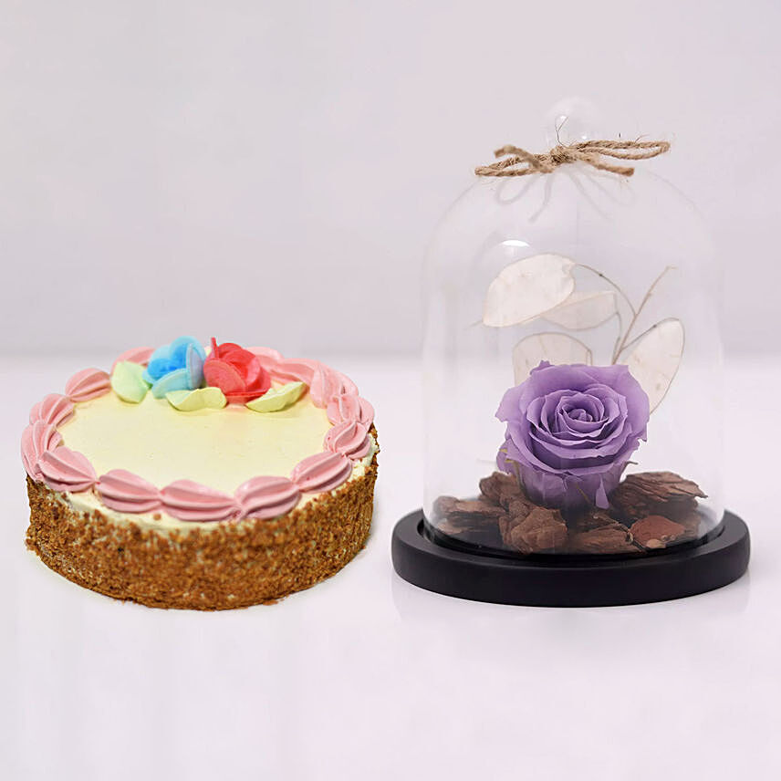 Purple Forever Rose In Glass Dome & Mini Cheese Cake