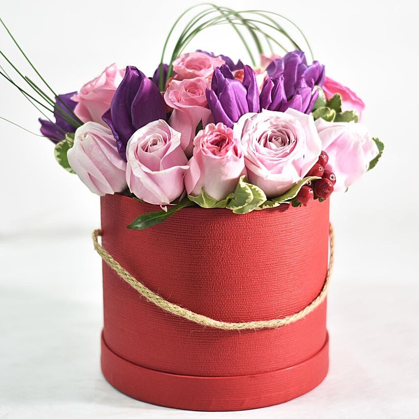 Roses & Tulip In Red Box