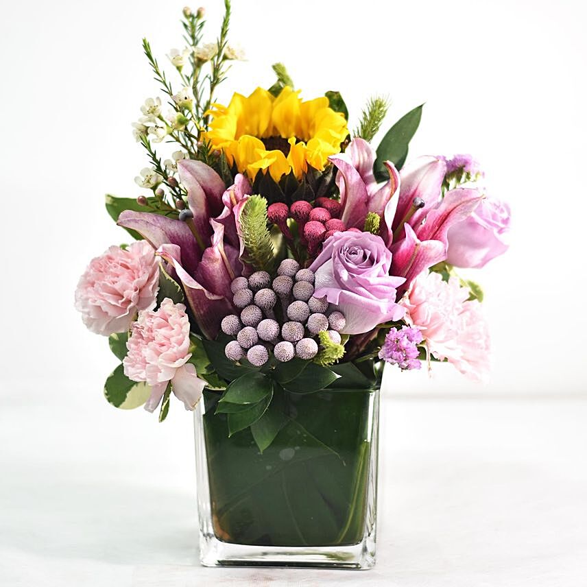 Beautiful Mixed Flowers In Glass Vase