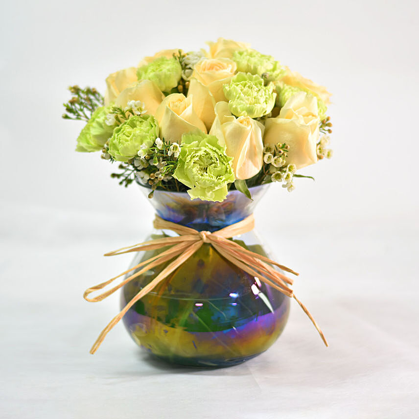 Green Carnations & Champagne Rose In Glass Vase