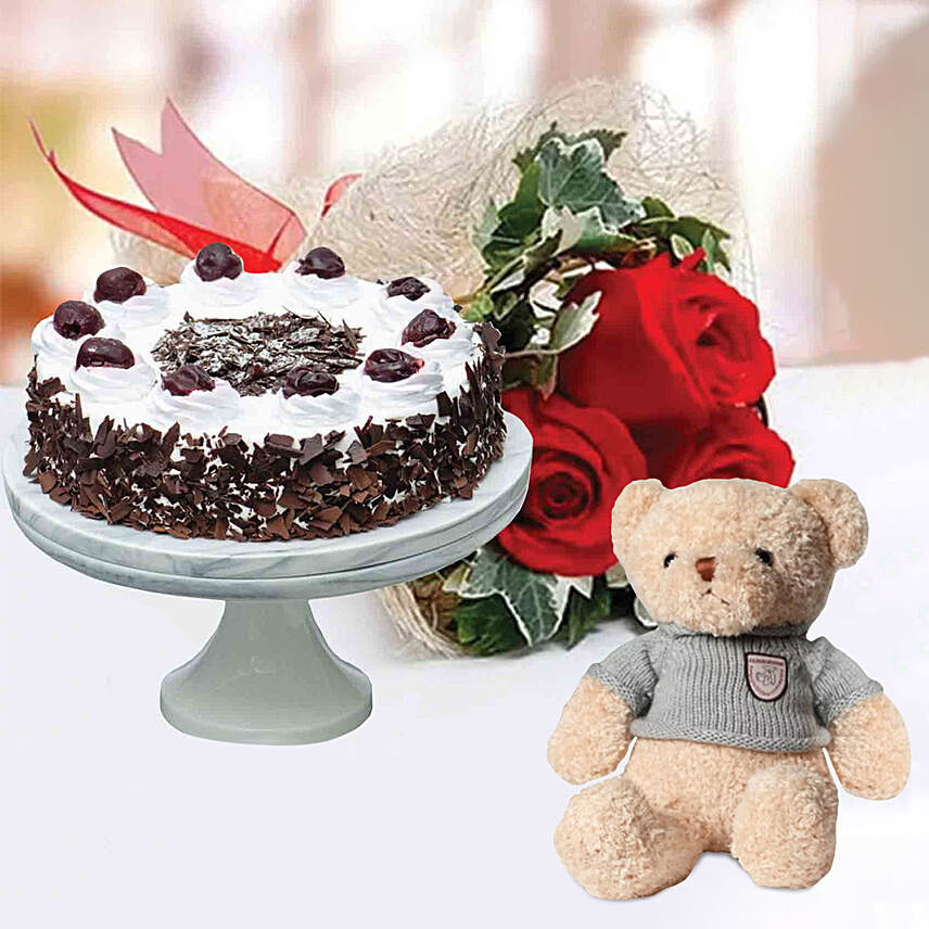 Romantic Roses Teddy Combo & Black Forest Cake