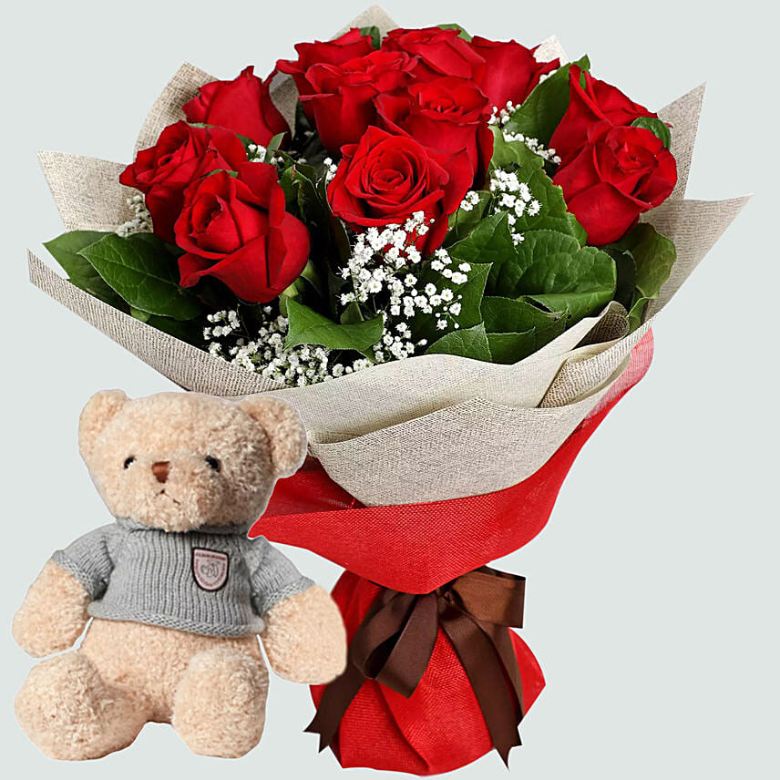 12 Red Roses with Brown Teddy Bear Delivery in Singapore - FNP SG