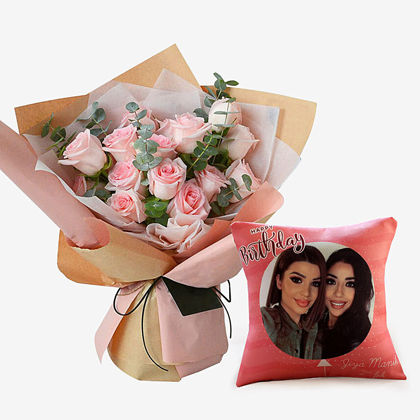 18 Soft Pink Roses with Cushion