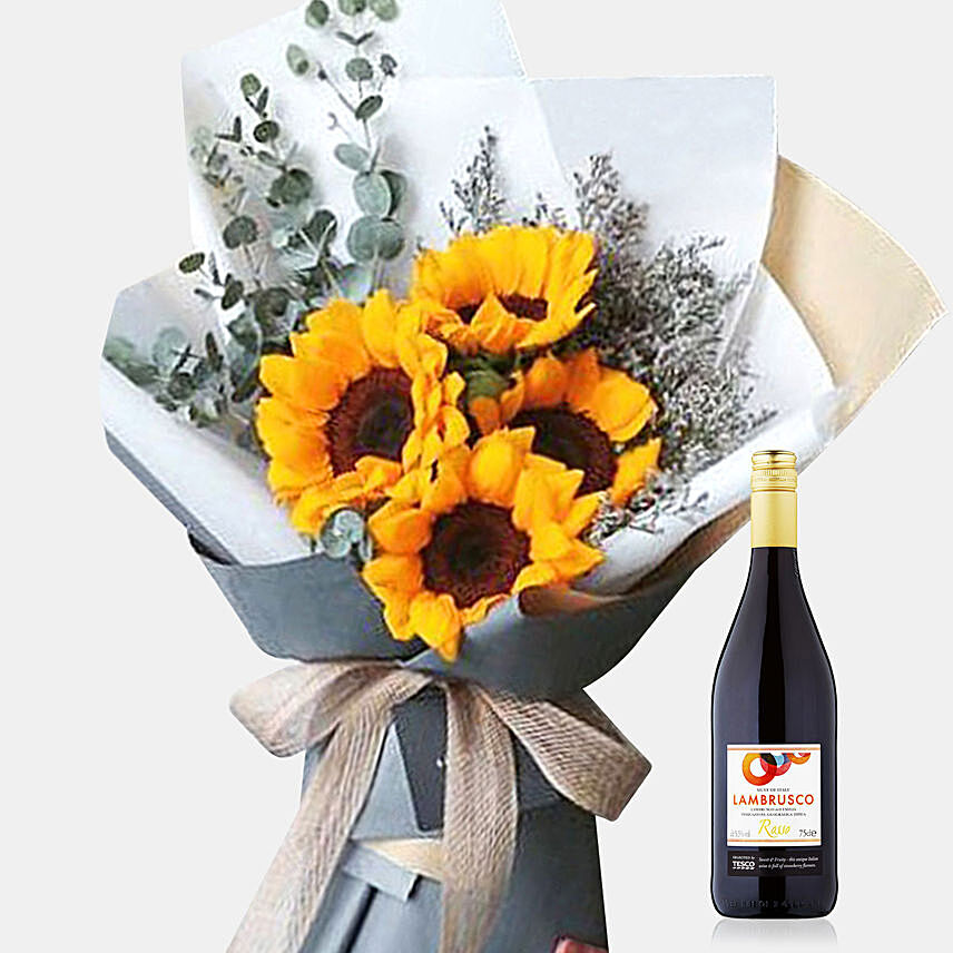 Elegant Sunflower Bunch With Tesco Rosso Wine
