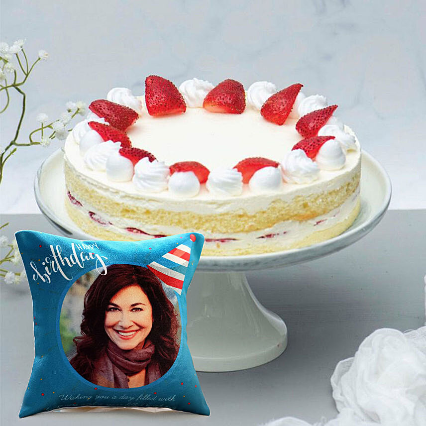 Fresh Strawberry Cake with Personalised Cushion