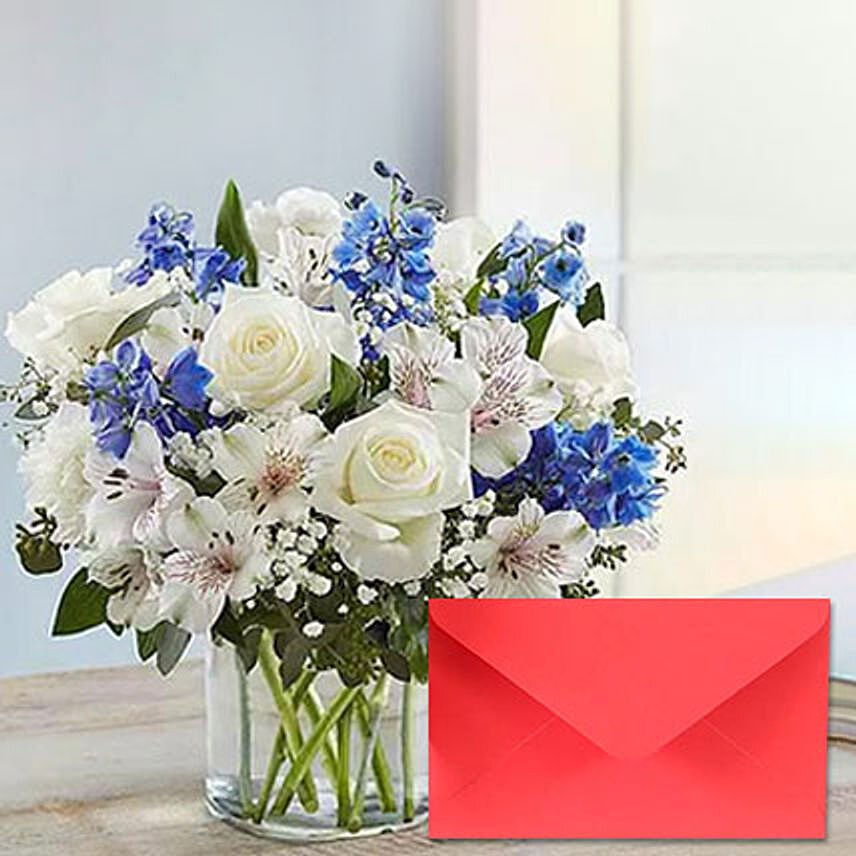 Blue & White Floral Bunch With Greeting Card
