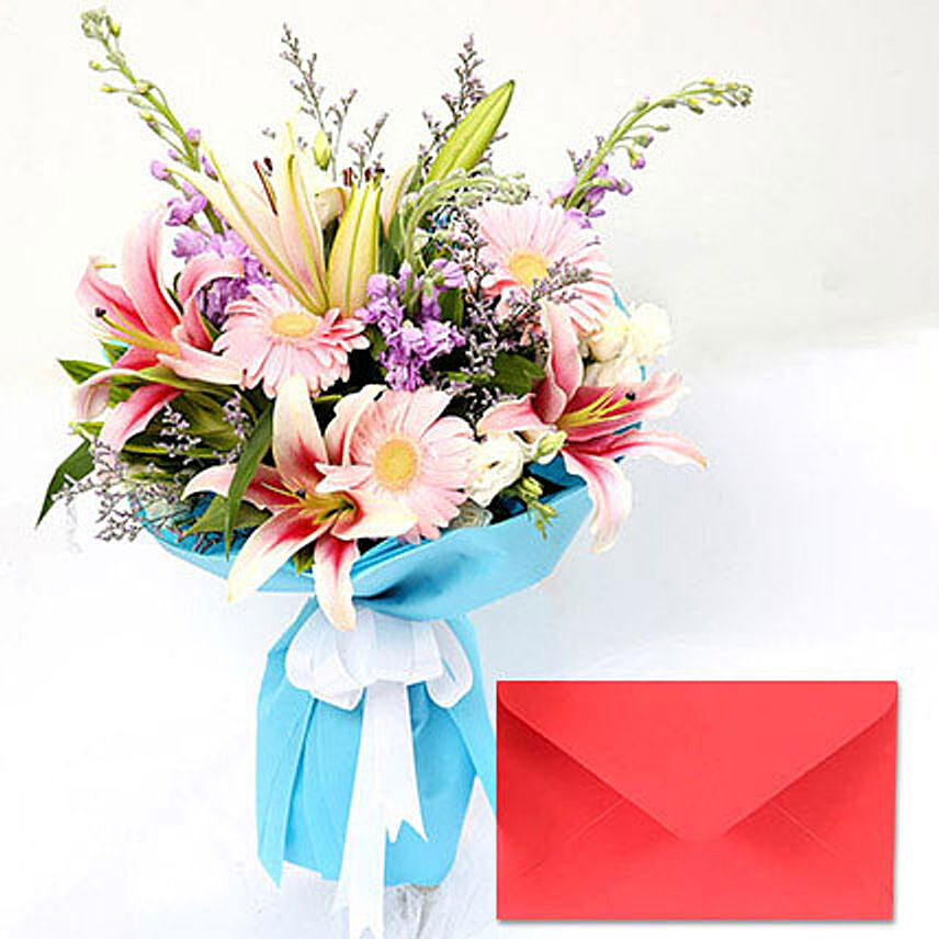 Lavender And Gerberas Bouquet With Greeting Card