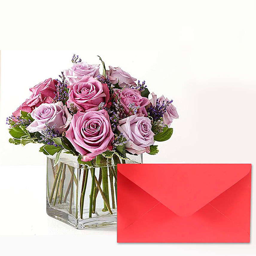 Bright Purple Roses With Greeting Card