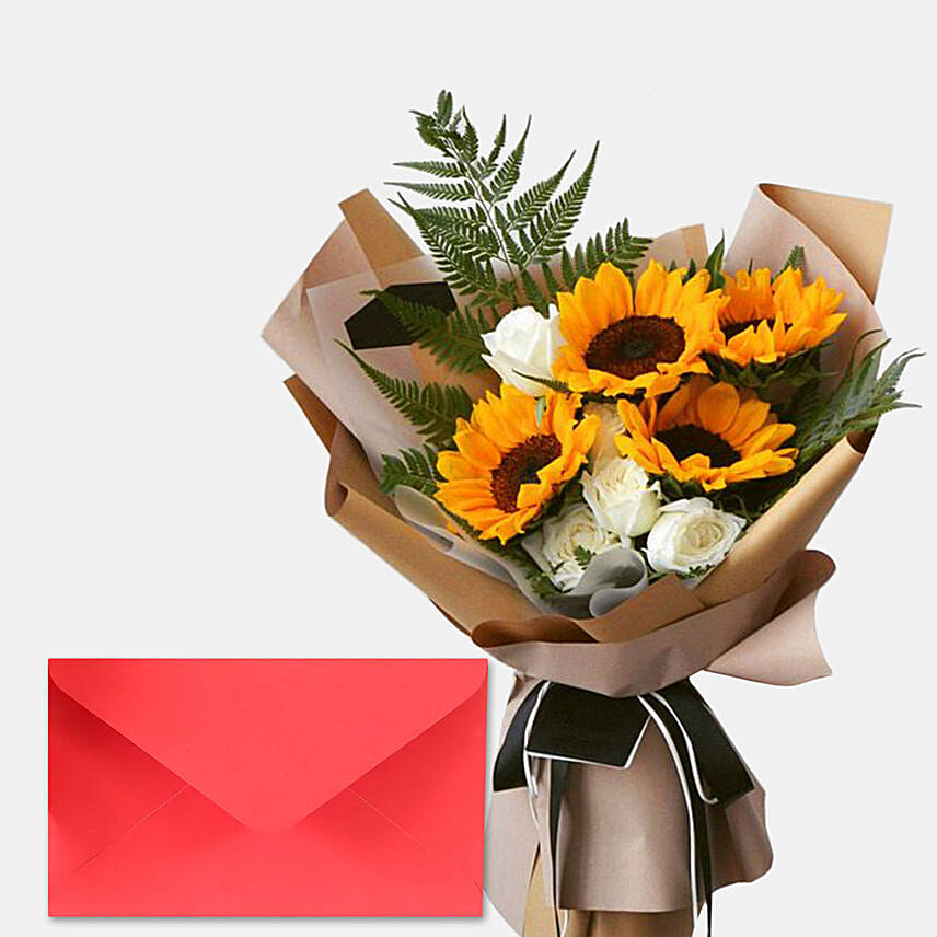 Sunflower & Roses Bunch With Greeting Card Delivery in Singapore - FNP SG