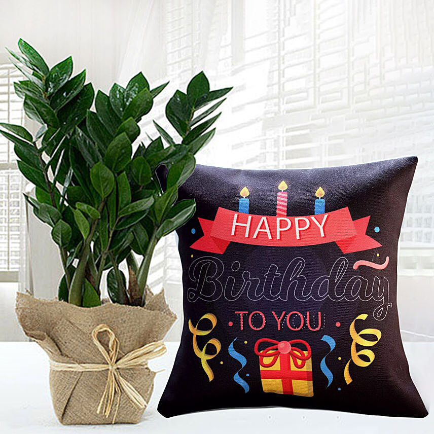 Jute Wrapped Jamia Plant With Personalised Birthday Candle Cushion
