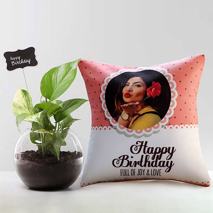 Money Plant With Personalised Joy And Love Birthday Cushion