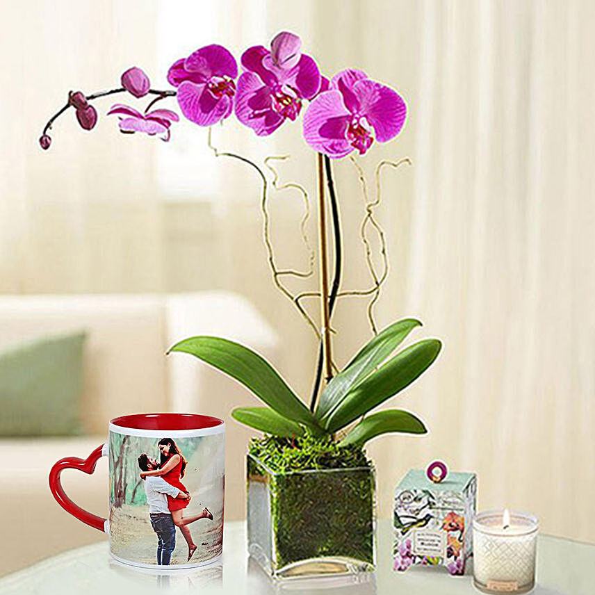 Personalised Red Ceramic Mug With Purple Orchid Plant